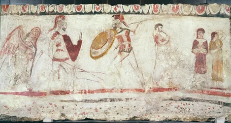 Guerreiros, luta, detalhe, de, um, túmulo, câmara, 330-320, bc